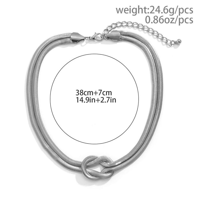 PLOUTOS Chunky Gold Knot Choker Necklace for Women Adjustable Double Snake Chain Design Bold Statement Fashion Jewelry Accessory For Party Daily Wear Gift - color: Silver