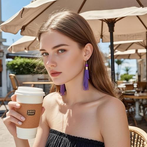 Coiris Boho Leather Layered Tassel Earrings for Women Lightweight Leather Fringe Dangle Earrings Handmade Bohemian Summer Beach Western Drop Earrings for Women - color: Purple