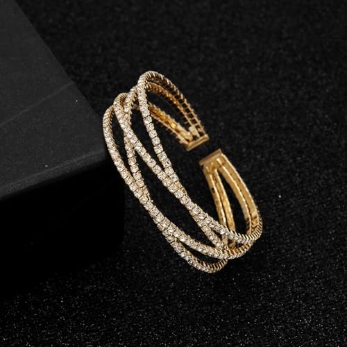 Women's Multi-Layer Rhinestone Cuff Bracelet Sparkling Crystal Tennis Bangle for Bridal Wedding Party - color: 1221 Gold