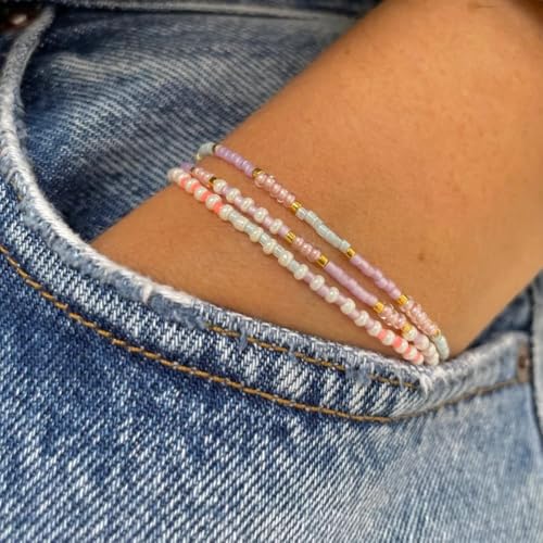 Dainty Gold Plated Tiny Ball Colorful Beaded Stack Bracelets Sets for Women,3Pcs Stackable Cute Bracelet Stretch Trendy Ball Jewelry Friendship Gift - color: light blue