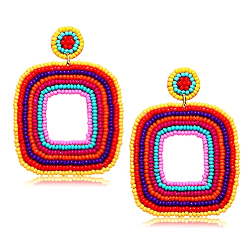 Beaded Drop Earrings Multicolored Seed Bead Earrings for Women Bohemia Statement Square Bead Hoop Dangle Earrings for Wedding Party Vacation - color: Mexico Color