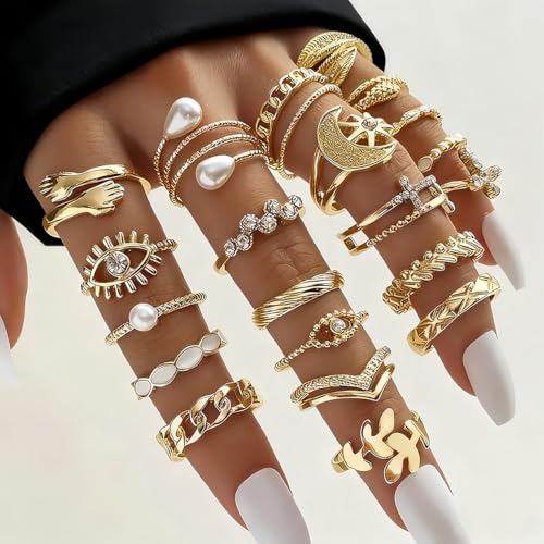 GYRMMUE Gold Rings Set Stackable Cubic Zirconia Knuckle Rings Irregular Geometric Ring Sparkle Star Moon Butterfly Rhinestone Rings Set Vintage Boho Joint Finger Midi Ring for Women - color: Gold1