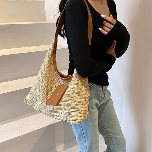 Women's Woven Beach Shoulder Handbag Colorful Straw Tote Bag Summer Vacation Crossbody Bag - color: 3016brown