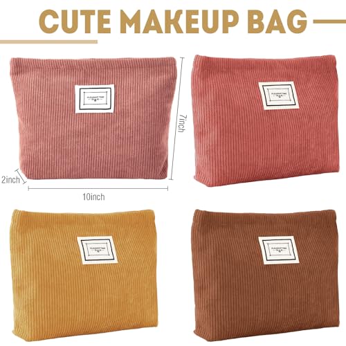 Sanwuta 4 Pack Velvet Makeup Bag Cosmetic Bag for Women Large Capacity Corduroy Pouch Zipper Canvas Travel Toiletry Purse Make up Organizer Case Accessories(Yellow Brown Series,Plaid) - color: Yellow Brown Series