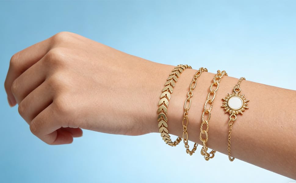 Alegend Titanium Steel (Not Rust, Resist Corruption, Easily Clean) 18K Gold Plated Single Bracelets + 14K Gold Plated Stackable Multilayer Bracelets - style: 14KGold + 4PCS F