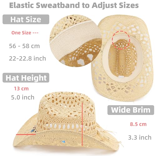 Straw Cowboy Hat, Western Cowgirl Hat, Wide Brim Sun Beach Hat for Men and Women - color: Beige-m25