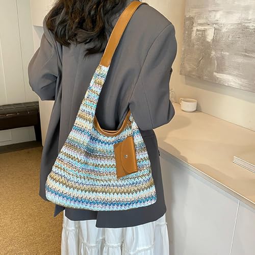 Women's Woven Beach Shoulder Handbag Colorful Straw Tote Bag Summer Vacation Crossbody Bag - color: 3016blue