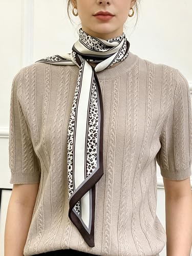kcctoo 59" Mulberry Silk Like Head Scarf Women's Fashion Square Neck Satin Scarfs for Bag Hair Scarves Gift 59 * 5.9” - color: B008-cream Leopard Stripe Scarf
