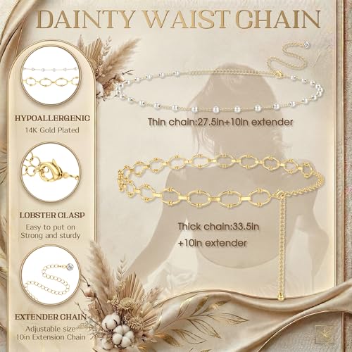 Florideco Waist Chain Belt for Women, Layered Belly Chain, Waterproof Boho Pearl Concho Cuban Body Chain, Adjustable Summer Beach Coachella Fashion Jewelry for Jeans Dresses - style: Gold Plated-Pearl Chain