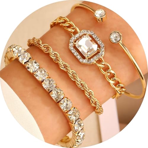 Alegend Titanium Steel (Not Rust, Resist Corruption, Easily Clean) 18K Gold Plated Single Bracelets + 14K Gold Plated Stackable Multilayer Bracelets - style: 14KGold + 4PCS H
