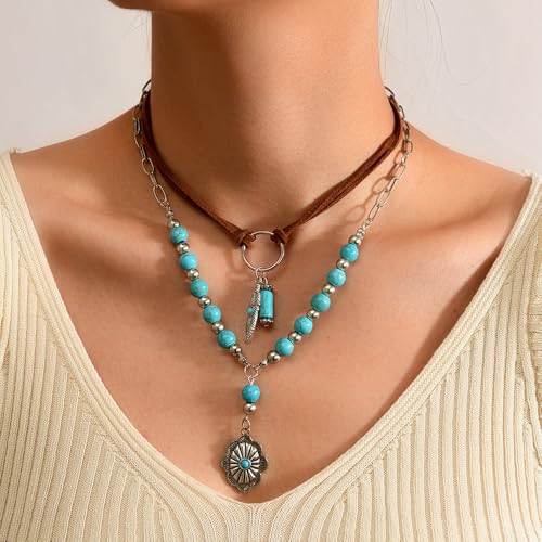 ONLYJUMP Boho Turquoise Leather Choker Necklace for Women Bohemian Handmade Leaf Layered Black Brown Suede Western Cowlady Necklace Western Country Party Jewelry Gifts - style: Feather