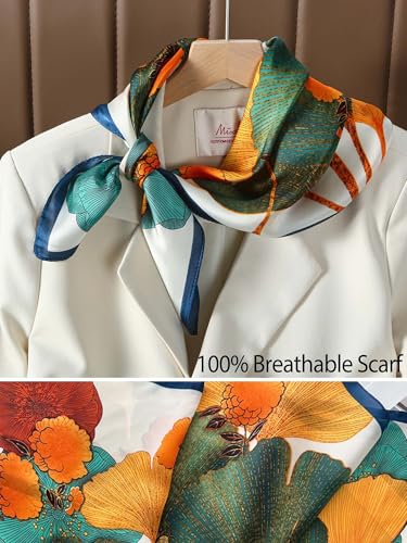 Silky Scarf for Women Lightweight Satin Bandanas Neck Hair Wrap For Sleeping Head Scarves 27.5" - color: A1 Blue Golden Ginkgo/27.5"