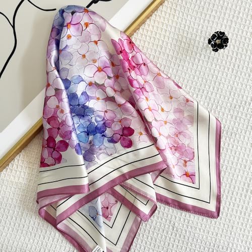 FONYVE 100% Mulberry Silk Scarfs for Women-Lightweight Square Satin Head Scarf-Small Silk Hair Scarf for Sleeping 21"x21" - color: 19 Pink & Purple Flower
