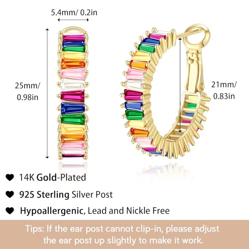 Trendy 14K Gold Plated Hoop Earrings for Women, Chunky Gold/Silver Earrings for Women Cubic Zirconia Baguette Hoop Earrings Heart Hoops Lightweight Hypoallergenic Jewelry,25mm/35mm/40mm/50mm - color: 01 Gold Rainbow Hoops 25mm