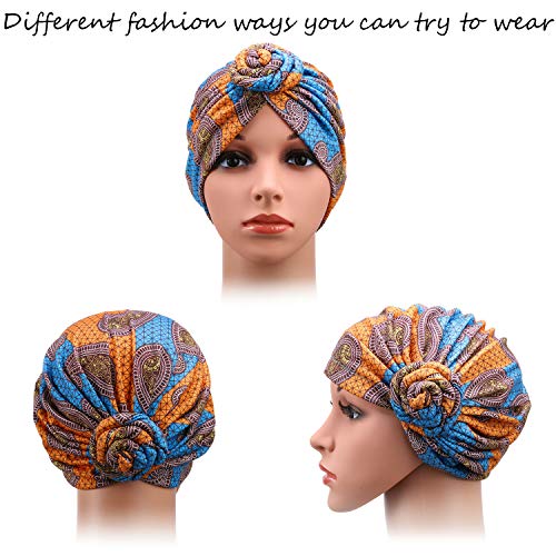 SATINIOR 4 Pieces African Pattern Headwrap Pre-Tied Bonnet Turban Knot Beanie Cap Headwrap Hat - style: Flower Style
