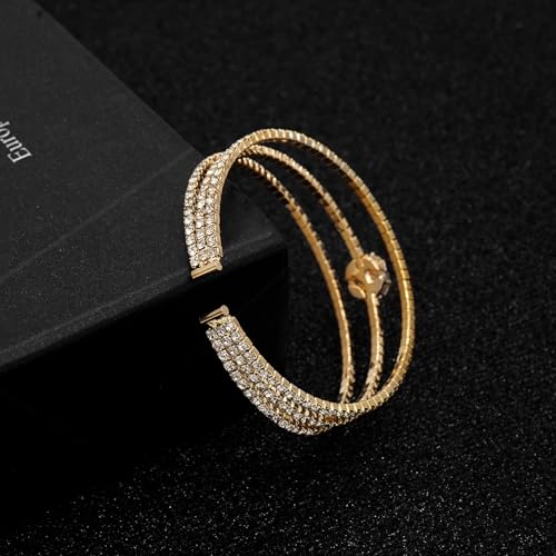 Women's Multi-Layer Rhinestone Cuff Bracelet Sparkling Crystal Tennis Bangle for Bridal Wedding Party - color: 1266 Gold