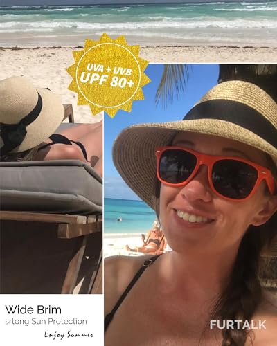 FURTALK Womens Beach Sun Straw Hat UV Protection Travel Packable Foldable Brim Summer UV Hat - color: A-black, size: Medium-Large