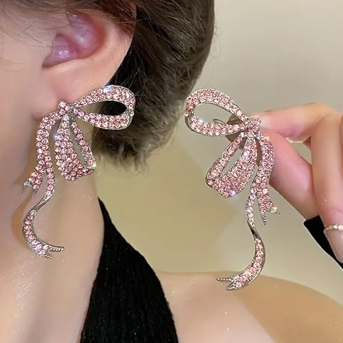 Rhinestone Bow Earrings for Women, Elegant Bridal Jewelry Statement Drop Dangle Earrings, Wedding Guest Dress Matching Accessories, Bridesmaid Gift, Sparkling Party Costume Outfit - color: B2:Pink Bow Earrings