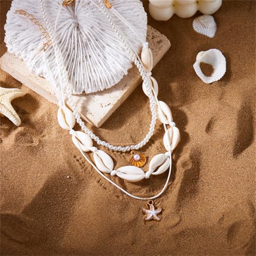 Shell Beach Choker Necklace Set for Women Boho Layered Beaded Adjustable Starfish Conch Shell Nacklace Imitaion Pearl Rice Beads Necklace Summer Ocean Vacation Jewelry - color: White