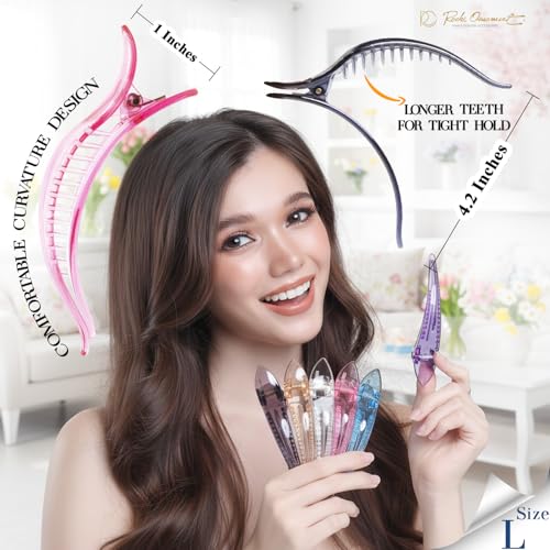 RC ROCHE 6 Pcs Duck Bill Alligator Hair Clips for Women Sectioning Flat Claw Long Thick Hair Inner Teeth Curved Styling Jaw Strong Secure Grip Salon, Large Transparent Multicolor - color: (Large) Transparent
