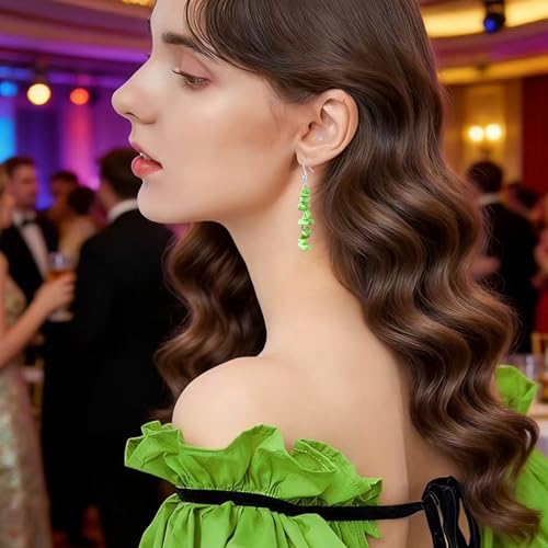 Handmade Bohemian Vintage Silver Nature Stone Beads Long Dangle Drop Earrings for Women - color: Neon Green