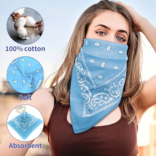 6 Pack Pure Cotton Bandana, Multi-Purpose Square Handkerchief, Face Mask headband for Men and Women - color: Light Blue