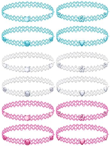 BodyJ4You 12PC Tattoo Choker Necklace for Women - 90s Choker Necklaces Y2K Fashion Trendy Vintage - Emo Black Choker Rainbow Pink White Purple Neon Green Blue Daisy Flower - color: Aqua, Clear, Pink