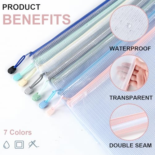 7 Pack Mesh Zipper Pouch Bags, A4 Plastic Zipper Bags,Waterproof File Pouches for Office Supplies, Travel, Storage, Puzzles & Board Games
