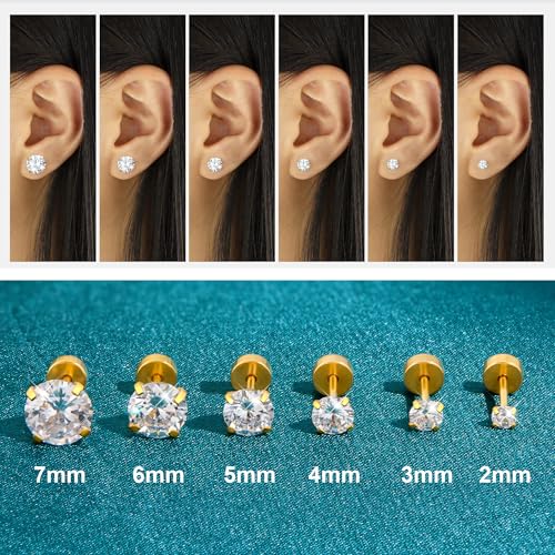 Flat Back Stud Earrings for Women - Hypoallergenic Surgical Steel Earrings with CZ Stones - 6 Pairs (18-20G) - color: 18K Gold-Plated, size: 20 G