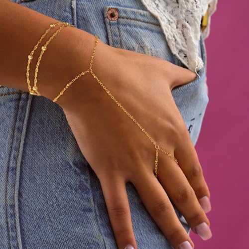 Hand Chain Bracelets for Women - 14K Real Gold Plated Dainty Stackable Paperclip Link Bracelets Hand Chain Bracelet Ring Gold Bracelets for Women Trendy - color: 5 Layered Bead Hand Chain