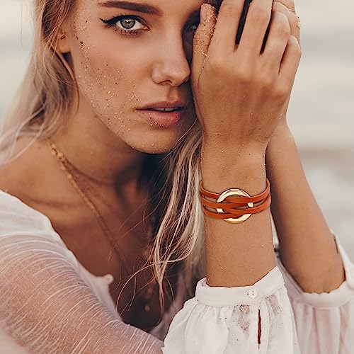 Long tiantian Leather Wrap Bracelets for Women Circle Rhinestones Boho Layered Bracelet Cuff Bangle Bracelet Jewelry Birthday Gifts for Women Holiday Outfits - color: A6:orange