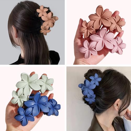 4PCS Plumeria Hawaiian Flower Claw Clips - Large Strong Hold Beach Hair Accessories for Thick Hair (Colorful) - color: Multi-colored-B