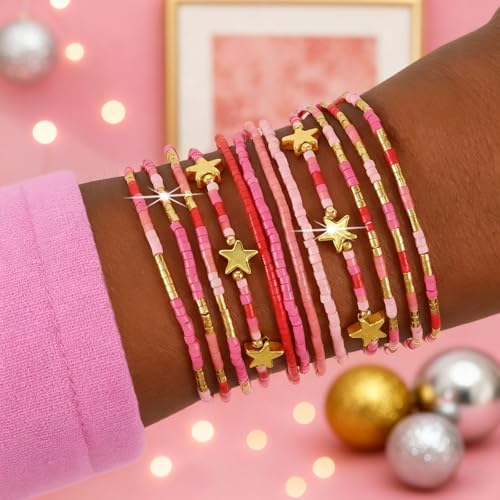 Dainty Gold Beaded Star Bracelets Stack for Women,Handmade Boho Colorful Beads Bracelet Fashion Prom Holiday Jewelry Gift Friendship Family - color: Pink