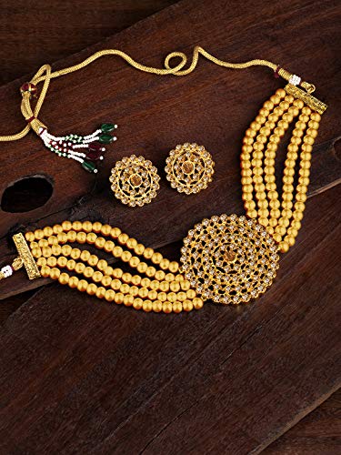 Aheli Pearl Diamond Choker Necklace & Round Earrings Gift for Women Indian Traditional Bollywood Fashion Bharatanatyam jewellery set - color: Champagne
