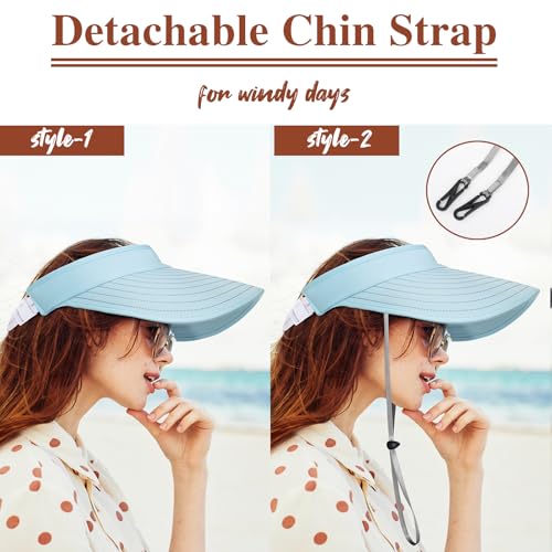 Sun Hats for Women - Wide Brim Sun Visor Hat for Women, UPF50+ Lightweight Foldable Ponytail Sports Cap - color: Blue