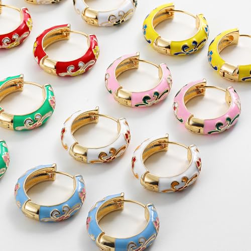 Vintage Enamel Flower Small Hoop Earrings Retro Elegant Flowers Earrings Colorful Flower Hoop Earring - color: Red