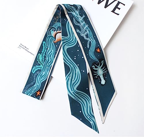 JERLA 100% Mulberry silk Scarf bag scarf Head Hair Ribbon Handbag Handle wrap Tie Bundle Neckerchief Scarf for women - color: Sea World Blue