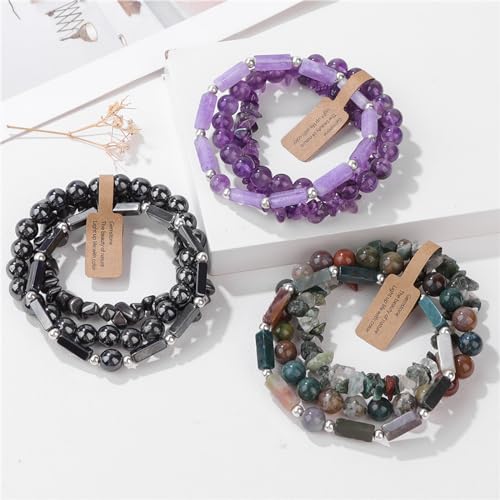 3Pcs Natural Stone Bracelets for Women 8mm Crystal Beaded Bracelets Handmade Stretch Bracelet Healing Crystal Jewelry for Women - style: Amethyst