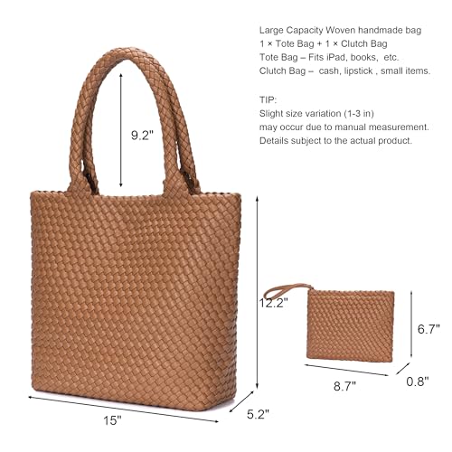 BAGOK Woven Tote Bag for Women, Handwoven Vegan Leather Shoulder Bag with Clutch, Large Tote for Work, Travel & Beach - color: Brown