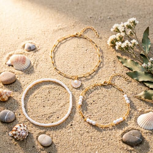 Beach shell sea star sea bead anklet set for Women, adjustable gold-plated Bohemian shell bracelet for ankle Fashion Layered anklet - color: Shell &pearl 3Pcs
