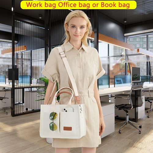 ZHMO Canvas Tote Bag for Women,Women's Bags Crossbody Bags Work Laptop Tote Bag Large Handbags Purse for Travel Nurse Teacher - color: Beige With Compartments