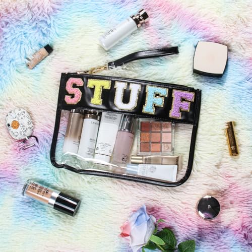 BuyCard Clear Stuff Bag for Travel, Preppy Chenille Letter Embroidered Zipper Pouch, Waterproof PVC & PU Leather Cosmetic Bag, Toiletry Makeup Bag for Women Girls Black - color: Black-Suff
