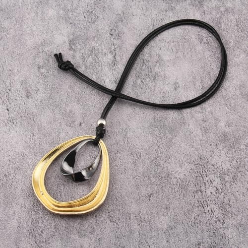 Kelake Leather Necklace for Women Men Teen Vinatge Boho Alloy Pendant Choker Jewelry Fashion Sweater Necklaces with Adjustable Genuine Leather Chain - color: Black Gold 2 Circles Pendant