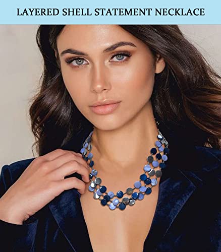 Noessla Layered Beaded Chunky Necklace for Women Boho Two-color Shell Statement Necklace Fashion Collar Costume Jewelry Gifts for Mum - color: Blue