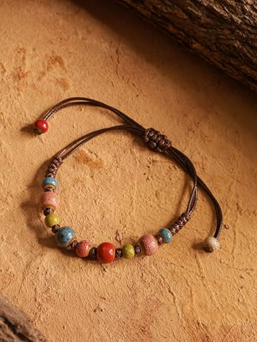 MINACHI Bohemian Colorful Ceramic Bead Adjustable Leather Bracelet, Boho Hippie Summer Jewelry Gift for Women - color: S03