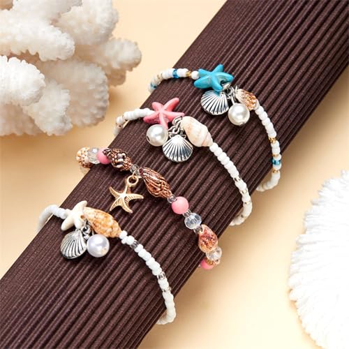 Ankle Bracelet for Women Beach Puka Shell Anklet Waterproof Starfish Seashell Pearl Anklets Stretch Beaded Ankle Bracelets Boho Beach Anklet Jewelry for Summer Beach Party - color: Blue
