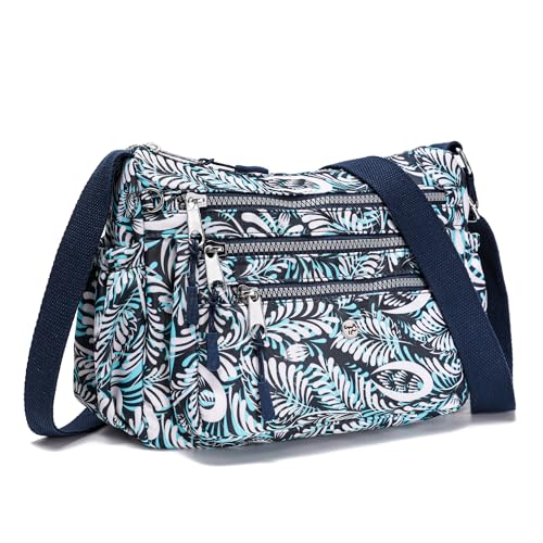 AOCINA Crossbody Bags for Women Multi Pocket Nylon Lightweight Ladies Purses Messenger Shoulder Handbags Satchel Travel Bag - color: Blue Leaf, size: Small