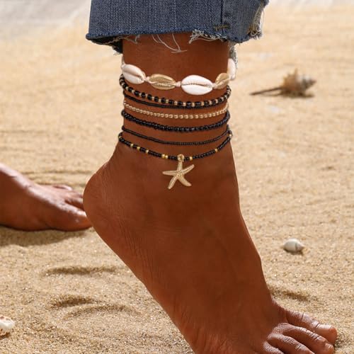 Shell Anklets Bracelet for Women Waterproof Surfer Starfish Bracelet Puka Shell Anklet Colorful Boho Stack Stretch Bead Bracelet Set Hawaii Summer Beach Vacation Foot Jewelry - color: Black