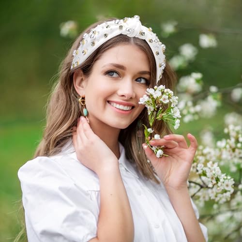 WantGor Pearl Knotted Headband, Women Rhinestone Embellished Hairband Elegant Wide Top Knot Bride Headbands Headpieces Party Fashion Elegant Ladies Hair Band Hair Hoop Accessories (White) - color: White