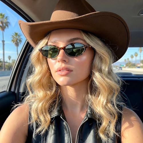 FEISEDY Retro Oval Sunglasses for Women Cat Eye 90s Lightweight Narrow Shades Trendy Sun Glasses B4196 - color: Tortoise/Green